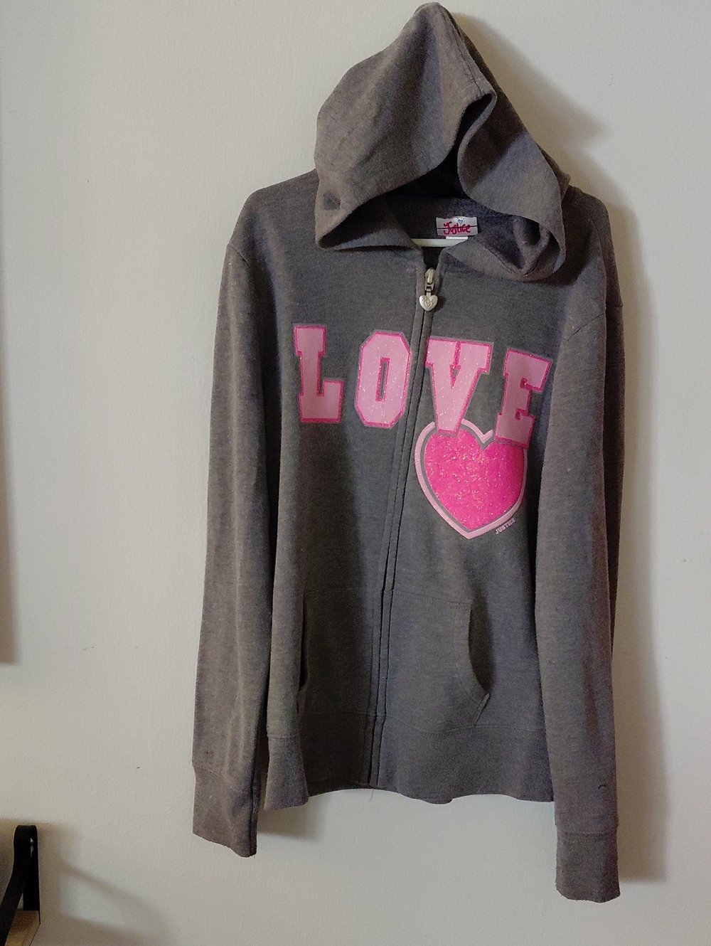 Justice Gray Hoodie with Pink LOVE and Glitter Heart